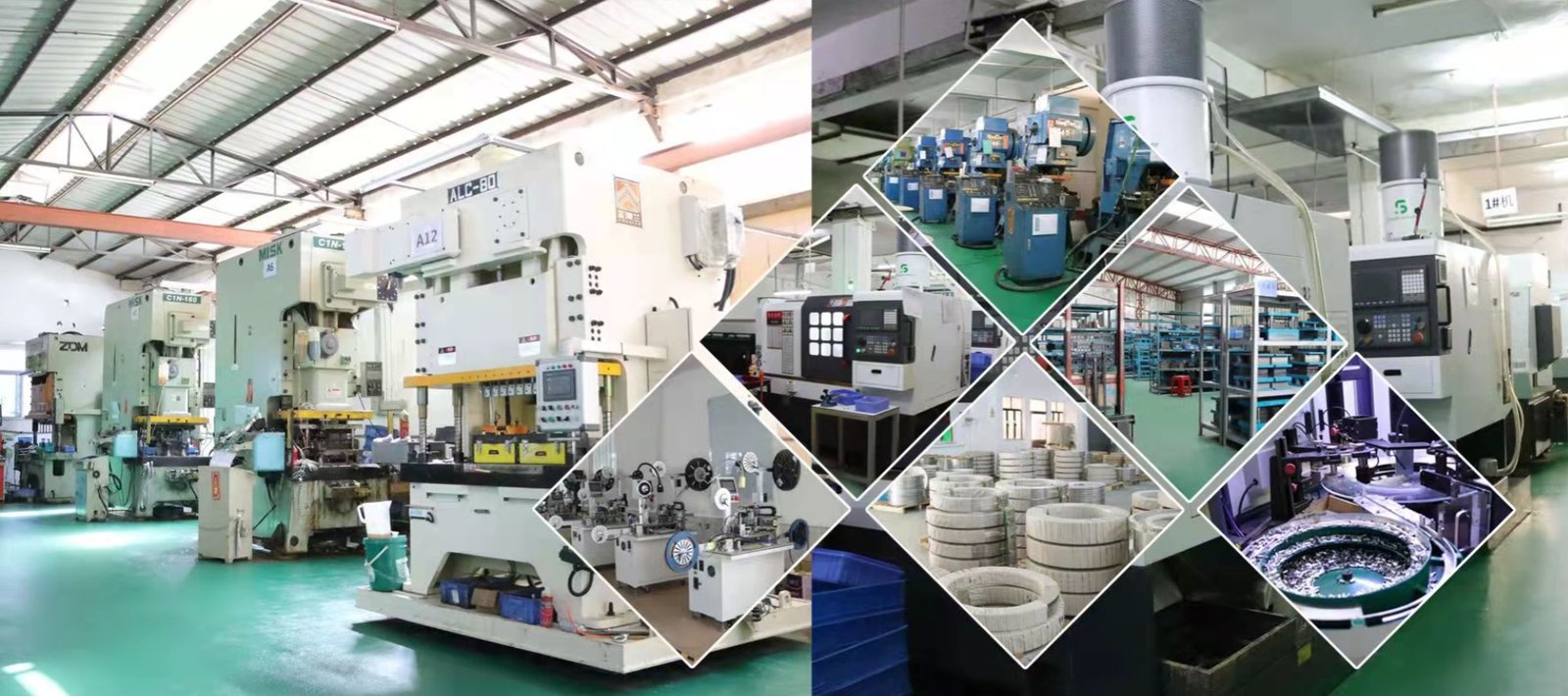 Inside the Hongde factory — stamping presses, CNC machining, tooling store and production lines